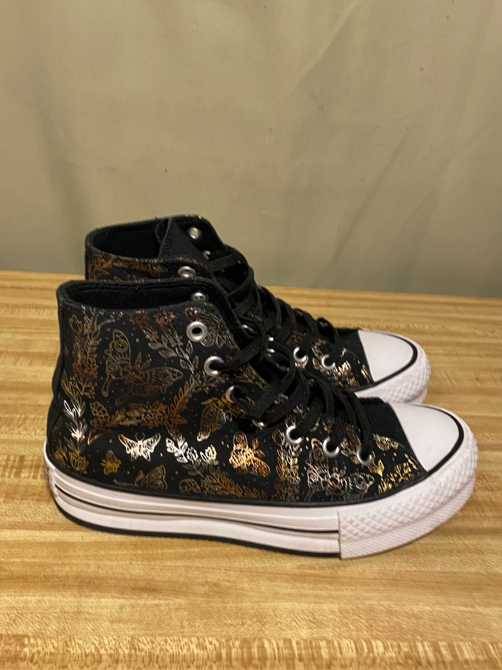 Converse Eva All Star Lift Platform Butterfly Shine Hi Black/Gold/White Shoes 2Y